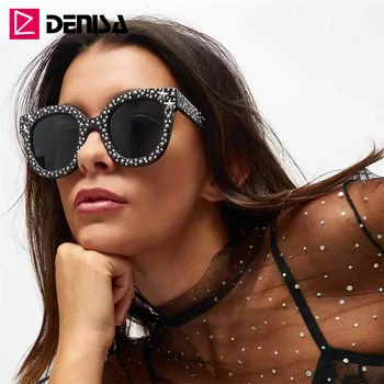 DENISA Star-Studded Cat-Eye Solbriller Kvinder Mode Sorte Solbriller Med Sølv Stjerner Dame solbriller Luksus Briller G5700
