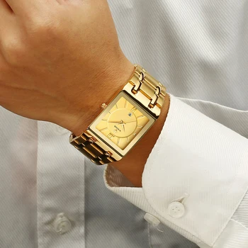 WWOOR Luksus Golden armbåndsur Mænd Rektangulære Se Top Mærke Herre Vandtæt Rustfrit Stål Classic Quartz Ure Mandlige 8858