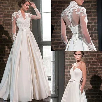 2020 Elegante Kæreste Satin Brudekjole med Jakke med Lange Ærmer til Væg-Længde brudekjoler Lommer Robe De Mariage