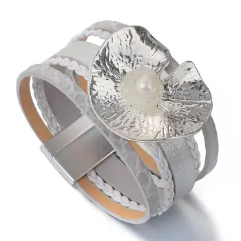 ALLYES Metal Blomst Naturlige Perle Charms Læder Armbånd til Kvinder-Multilagsbelægning Flettet Wrap Armbånd Unisex Smykker