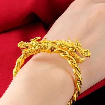 Mode Gul Guld Fyldt Smykker Drage Hoved Armbånd til Herre Dame Cuff Justere