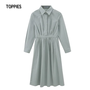 Toppies Shirt Kjole 2021 Foråret Elegant Bomulds Skjorte Kjole Bælte Med Lange Ærmer Turn Down Krave Fast Casual Chic Kjole