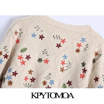 KPYTOMOA Kvinder 2020 Mode Blomster Broderi Beskåret Strikket Cardigan Sweater Vintage Lange Ærmer Kvindelige Overtøj Smarte Toppe