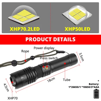 TRLIFE High Power XHP50/70.2 Genopladelige LED Lommelygte Magt Lysstyrke Taktisk Lommelygte USB Brænder For Camping Lanterne