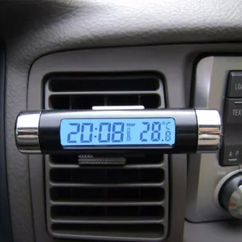 Auto Clock 2-i-1 Digital Termometer Dekoration Elektronisk LCD-skærmens Baggrundsbelysning Bil Indre Stick Temperatur Bil