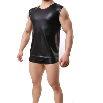 Mænd Bodysuit Undertrøje Med Sportstøj Sort Sexet Mand Undertøj Top Mode Imiteret Læder Vest Omfatter Ikke Bokser