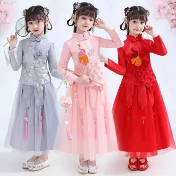 Piger i Kinesisk Stil Tøj Passer Broderi Top+Tyl Nederdel 2stk Kjole Tøj, Sæt Fe Prinsesse Festival Jul Kostumer
