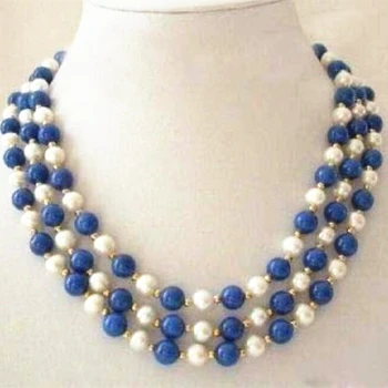 Mode 3 rækker charmerende naturlig hvid perle med 7-8mm blå lapis lazuli 8mm runde perler kvinder elegant halskæde 17-19inch BV357