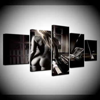 5 Panel HD Print Sexet kvinde klaver sort og hvid væg plakater, Print På Lærred Kunst Maleri Til hjemmet stue dekoration