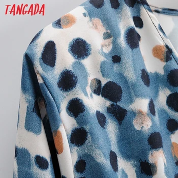 Tangada fashion kvinder blå prikker, print A-line kjole v-hals Lange Ærmer Damer lang Kjole Vestidos SY143