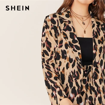 SHEIN Plus Size Leopard Print Hak Krave Blazer og Belted Shorts 2 delt Sæt Kvinder Efteråret Casual Glamourøse To delt Sæt