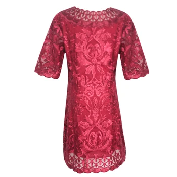 TAOYIZHUAI 2019 Nye Ankomst Efteråret Kinesisk Stil Naturlige Plus Size 110KG O-Hals Rød Kjole Blomstret Kvinder Jakke Lace Dress 16046