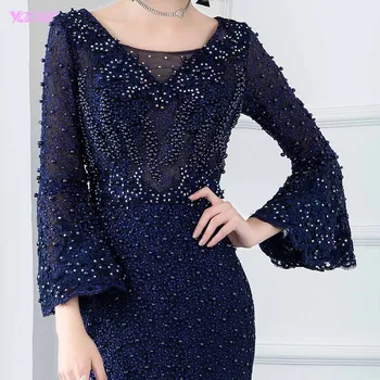 Elegant Marineblå Langærmet Lace Aften Kjoler Muslimske Krystal Perler Havfrue Formelle Aften Kjoler 2020