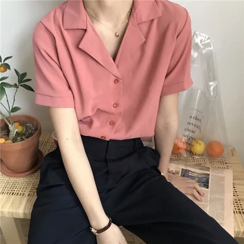 Simpel Solid Sommer Bluse med Retro Shirt til Kvinder Mode Korte Ærmer V-Hals Kontor Dame Hvid Skjorte Toppe Blusas Femininas 10166