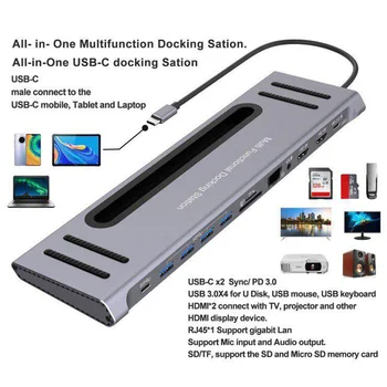 12-i-1-USB Type-C-HUB Adapter til Bærbar Docking Station HDMI VGA RJ45 PD HD Multi USB 3.0 Til MacBook HP Lenovo Overflade Kompatibel