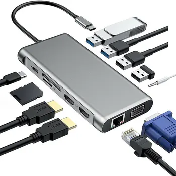 12-I-1-USB Type C-HUB Dobbelt HDMI Ethernet USB 3.0-Audio Jack Multiport 4-port-USB-Adapter HUB til MacBook