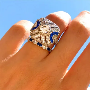 Luksus Kvindelige Crystal Zircon Sten Ring Vintage Silver Wedding Ring Sæt Løfte Engagement Ringe Til Mænd Og Kvinder