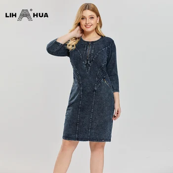 LIH HUA Kvinders Plus Size Fashion Denim Kjole med Høj Fleksibilitet Slim Fit Kjole Casual Kjole Nye strikkede denim