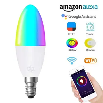 1stk WiFi Smart LED Pære 6W RGB-E14/E10/E27/B22-farveskiftende pære Stemme Remote App Styring arbejde med Alexa, Google Startside