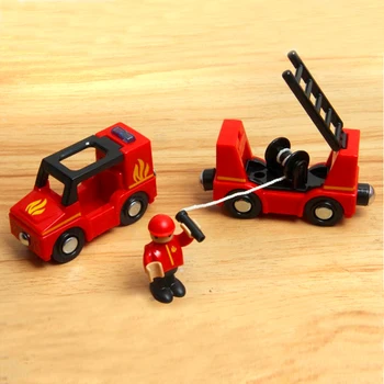 W01 Høj kvalitet lyd og lys 2 sektioner af magnetiske tog kompatibel med træ-styr - røde brandbiler