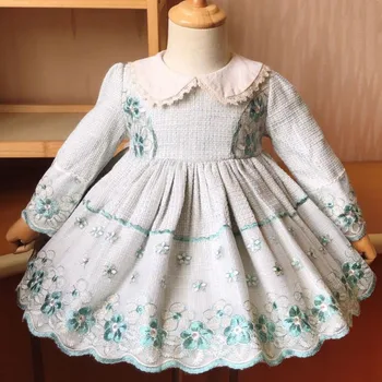 Baby pige efterår og vinter spanske lolita tweed ulden prinsesse kjole kids langærmet broderet bolden kjole part kjole