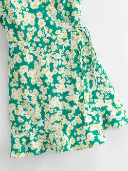 Ny 2020-Kvinder sød V-hals, lidt solsikke print mini Kjole kvindelige Ærmeløs grønne linning wrap Smart casual Kjoler DS3765