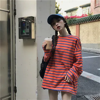 Langærmet T-shirts Kvinder Stribet Løs Streetwear koreanske Alle-match Orange Studerende Ulzzang Chic, Stilfuld Efteråret BF Ins Tees Nye