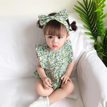2020 Ny Nyfødte Baby Tøj Sommer Blomster Dejlig Bomuld Lille Barn Rompers Grønne Piger Prinsesse Spædbarn Tøj Med Bue Hovedbøjle