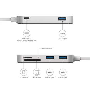 Dodocool 6-i-1 Aluminium USB-C-Hub Type-C Power Levering 3 USB 3.0-Porte, SD/TF Kort Læser til MacBook Air Pro Bærbar PC