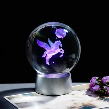 80mm 3D laser Indgraveret Miniature Pegasus krystalkugle Crystal Håndværk Sfære Glas boligindretning Ornament Fødselsdag Gave
