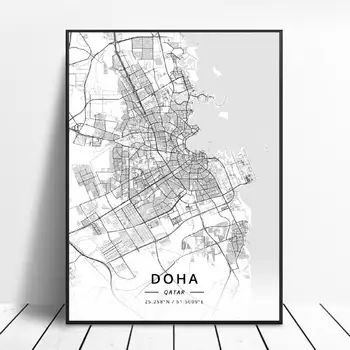 Sort og Hvid Doha, Qatar Breddegrad Længdegrad Lærred Kunst Plakat Kort