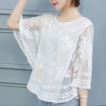 Koreansk Mode Kvinder shirt Batwing ærmer Mesh broderi Toppe Afslappet Sommer Løs Lace blouse blusa feminina 4012 50