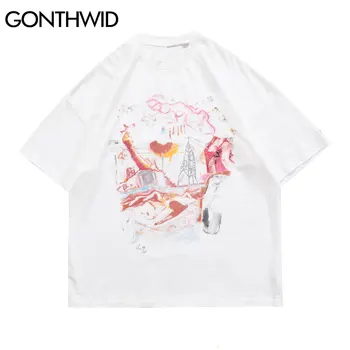 GONTHWID Oversize T-Shirts Hip Hop Nødlidende Graffiti Punk Rock Gotisk t-Shirts Streetwear Harajuku Hipster kortærmet Top