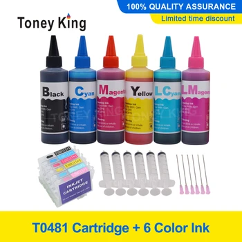 Toney King 6 Farve blækpatroner T0481 + 6×100 ml Printer Blæk Kit Til Epson Stylus Photo R200 R220 R300 R300M R320 R340 Med Chip