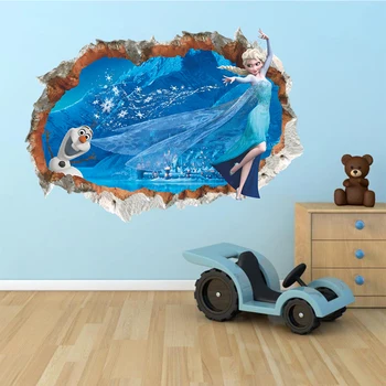 Disney Olaf & Elsa Prinsesse Frosne 3Dview Brudt Hul Wall Stickers Film Vægmaleri Art Kids Room Tilbehør til boligindretning