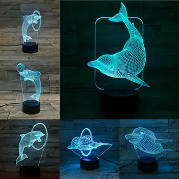 Ocean Animal Dolphin 3D-Lampe USB-Opladning, Fisk Nat Lys 7 Farver Skiftende Akryl Plade Touch Remote Base Gaver Til Børn