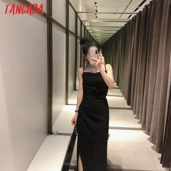 Tangada kvinder sexet sort satin maxi kjole rem ærmer og ryg-kvinder party kjoler vestidos 3H703