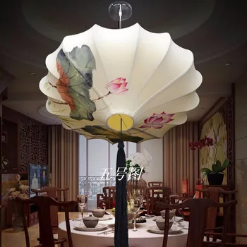Kinesisk stil lamper klassisk stof lotus blad lampe rustikke casual og romantisk dekoration pendel 40-60cm mand hånd tegning