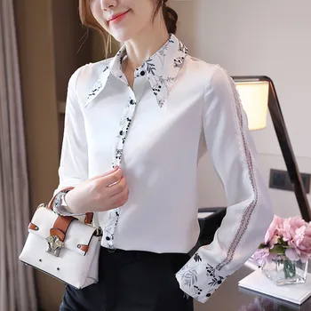 Koreanske Kvinder Chiffon Shirts Hvid Skjorte Kvinder Lange Ærmer Kvinde Broderi Print Bluse Toppe Plus Size Bluser Kvinde 2020
