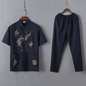 Mandlige Kinesiske Traditionelle Kostumer Sæt 2stk Shirts+bukser Åndbar Bomuld Dragon Broderi Mænd Nye År Kung Fu Tang Passer