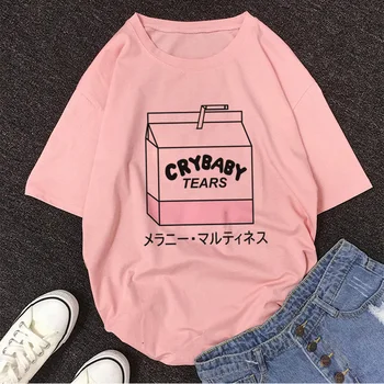 Sommeren Afslappet Tumblr Tøj, Mode Toppe Tegnefilm Fersken Juice Japanses Æstetiske Grunge T-shirt Kvinder Harajuku Søde Kawaii Pink