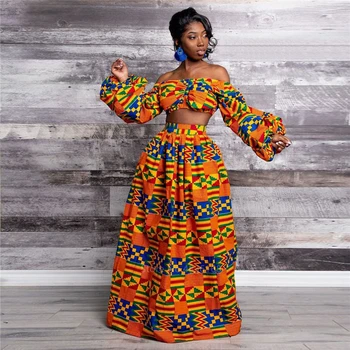Afrikanske Kjoler til Kvinder 2020 Nyheder Damer Fuld Ærme Skulderen Ud Festher Dashiki Print Split Nederdele Efteråret Africna Tøj