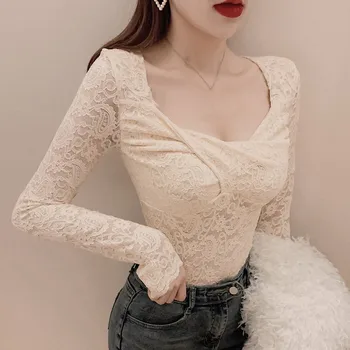 T-shirt til kvinder Sommeren koreanske Sexy-V-Neck Tops Elegante Blonder kvindelige T-shirt langærmet t-shirt dame t-Toppe Hvid