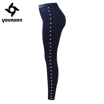 2179 Youaxon Ny Navy Blå Højtaljede Vintage Side Perler Jeans Kvinde Elastisk Denim Bukser Bukser Til Kvinder Skinny Jeans