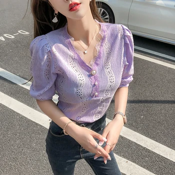 Det Ny Kontor Dame fransk Retro Shirt Kvindelige koreanske Sommeren Syning Blonde V-hals Puff Ærmer Kvinder Bluse Toppe