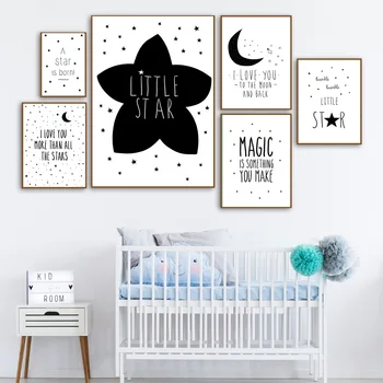 Tegneserie Stjerne Moon Magic Quotes Væg Kunst, Lærred Maleri Nordiske Plakater Og Prints I Sort Hvid Væg Billeder Baby Kids Room Decor