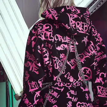 Gothblack Harajuku Løs Splejse Metal Chian Lange Ærmer Hætteklædte Afgrøde Top Kvinder Mode, Street, Graffiti Trykte Kort Hættetrøjer