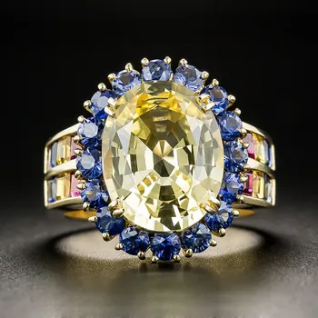 Bamos Gul & Blå Zircon Antik Ring Luksus Oval Engagement Vielsesringe For Kvinder Vintage Guld Farve Smykker Bedste Gave