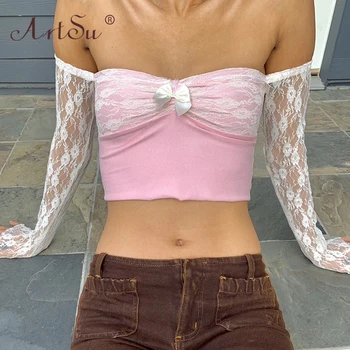 ArtSu Patchwork-Bow Lace Y2K Off Skulder Afgrøde Top t-Shirt Kvinder Pink Sød Kawaii Slim T-Shirts Sexy Club Toppe af 90'erne