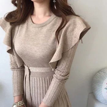 Et Stykke Strikket Sweater Kjole koreanske Kvinder Pjusket Talje Kjoler 2020 Efterår og Vinter Kvinder Sweater Knitt Kjole Midi kjoler